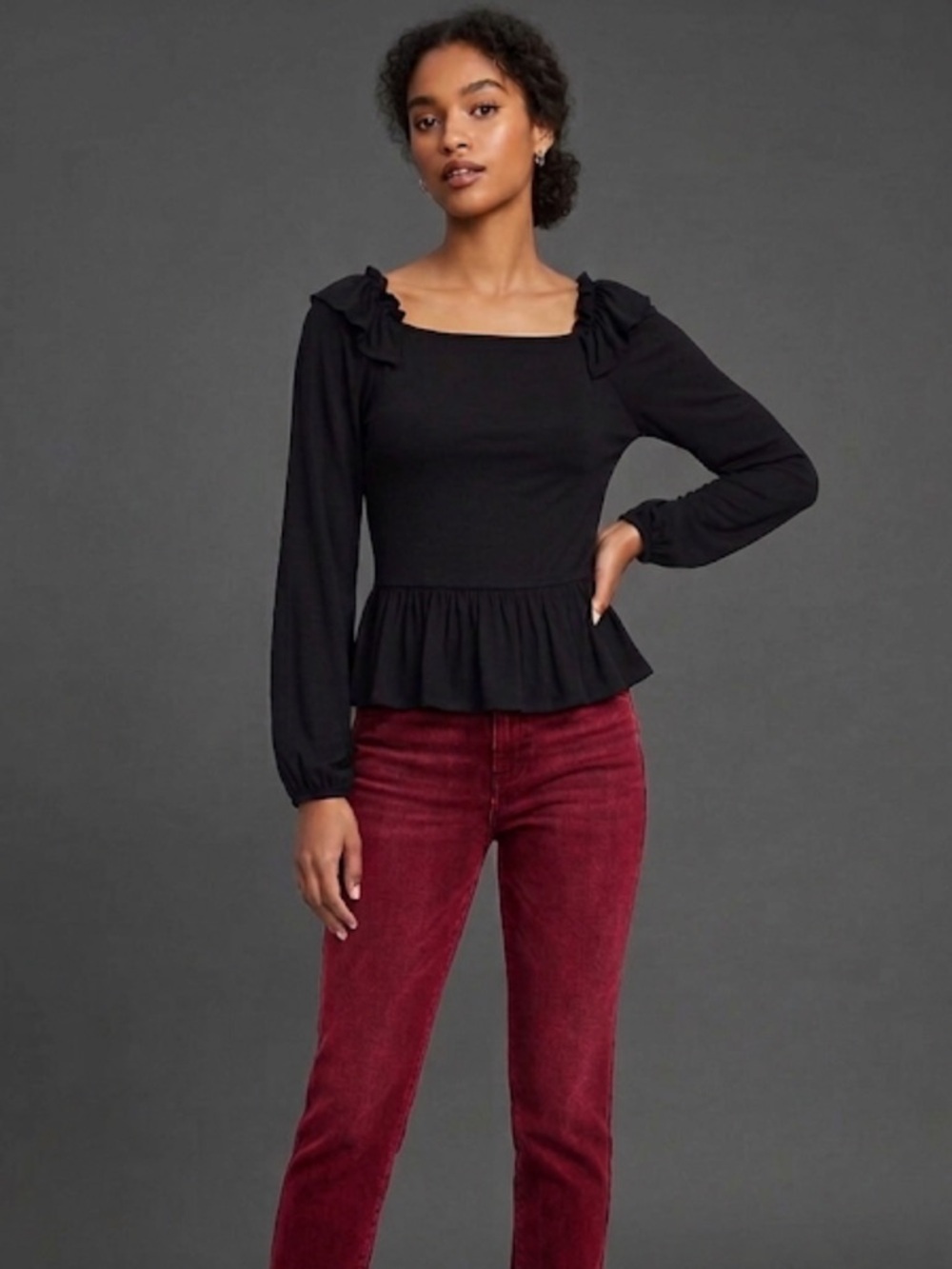 ☀️NWT LOFT Black Long-Sleeve Ruffle Peplum Top